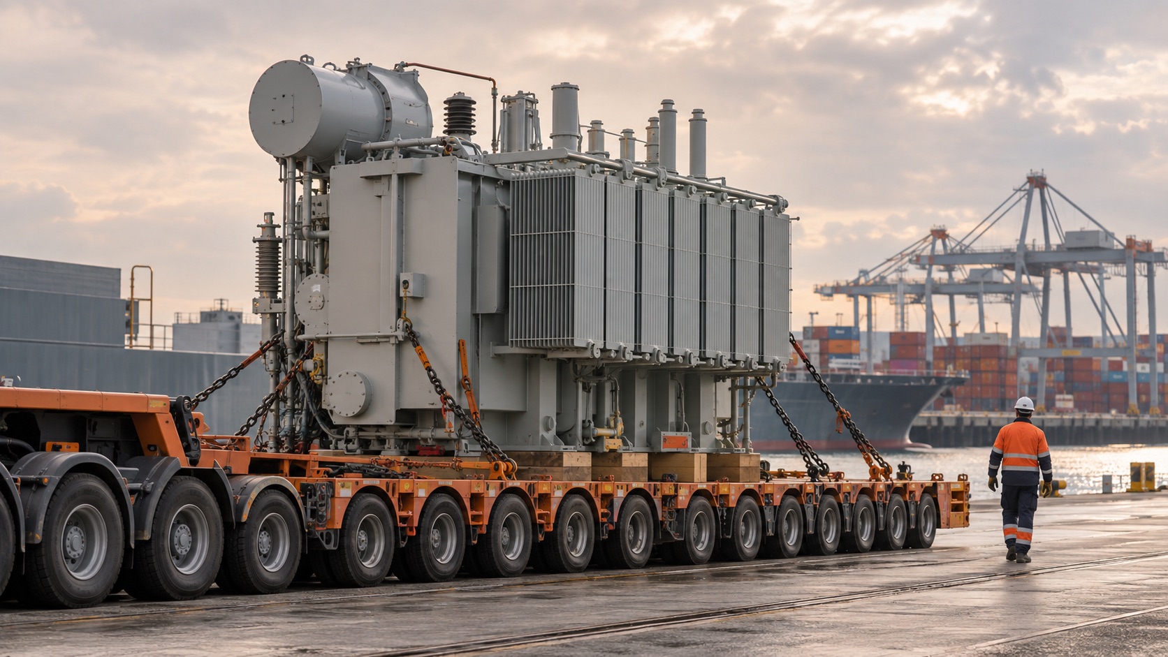 Illustration of a large power transformer secured on a heavy-haul trailer at a commercial port