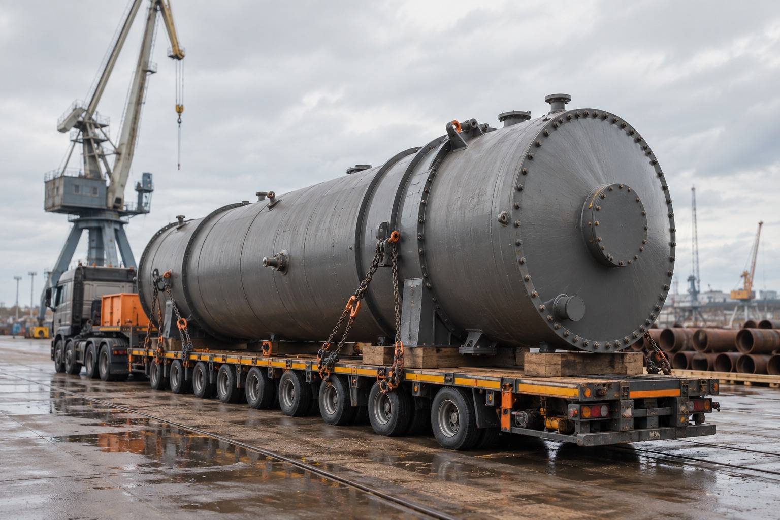 Illustration of oversized industrial equipment secured on a heavy-haul trailer in a port